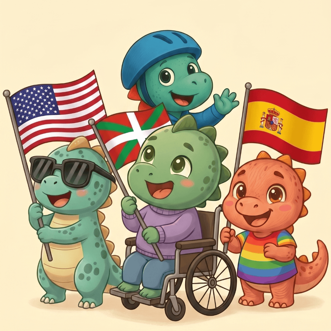 Dinos con banderas de España, EE. UU. y Euskadi