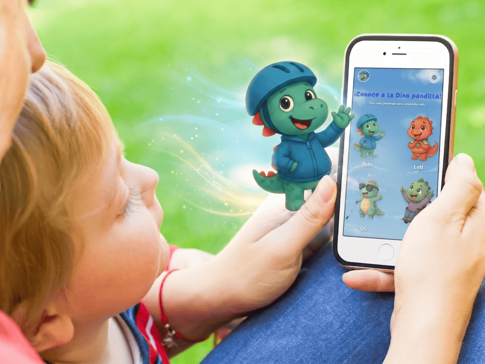Niño descubriendo a la Dino pandilla en la app
